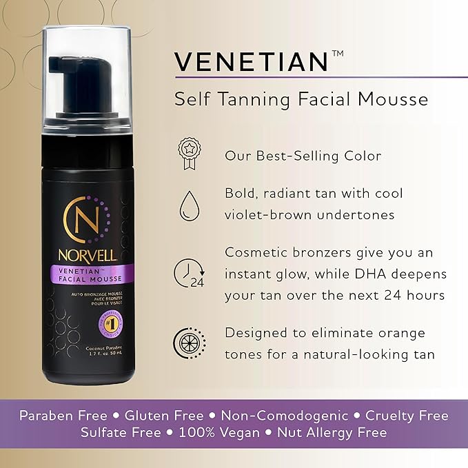 Norvell Venetian Sunless Facial Self Tanner Mousse with Bronzer, 1.7 Fl Oz - Instant Self Tanning - Natural Looking - Anti-Orange - Fake Tan for Bronzing Glow