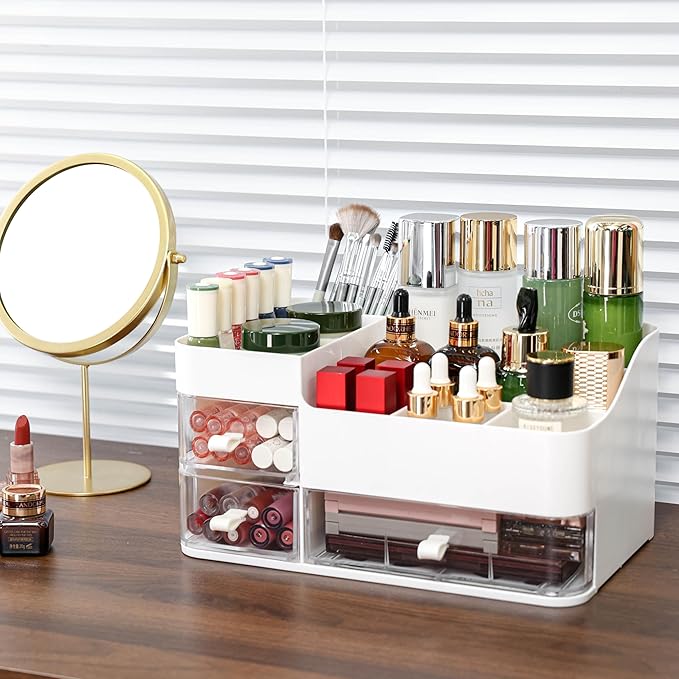 White Makeup Organizer With 3 Drawers, Large Capacity Plastic Cosmetic Storage for Dresser and Vanity, Ideal for Beauty, Perfume, Brushes, Skincare, Bathroom Organizers and Storage Counter