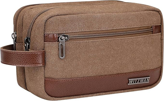 WITZMAN Canvas Toiletry Bag for Men Hanging Dopp Kit Organizer Water-resistant Travel Toiletries bag Men Bathroom Bag with Wet Pocket(A8001 Brown)