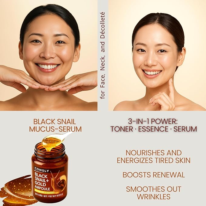 CONSLY_Black Snail Mucus & 24K Gold Ampoule-Serum | Nourishing Anti-Wrinkle Essence for Face, Neck & Décolleté | Hydrating, Revitalizing, Firming | 250ml / 8.45 fl.oz