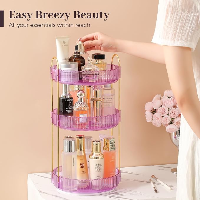 Aveniee Rotating Makeup Organizer for Vanity, Perfume Skincare Organizerss Large, Spinning Bathroom Counter Shelf Holder for Cosmetics, Skin Care, Lipsticks(3 Tiers, Purple)