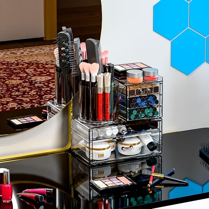 Clear Acrylic Makeup Organizers for Countertop & Vanity,2 Pack Cosmetic Storage Organizer with Brush Holder,Cute Makeup Holder and Make up Containers for Dresser Top,Dorm,Bathroom Skincare Organizer