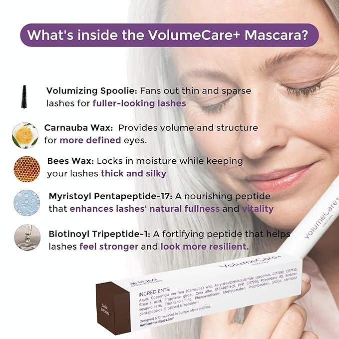 VolumeCare+ Mascara For Older Women - Extreme Length and Volume 2-in-1 Formula - No Clumps, Long-Wearing, Hypoallergenic Mascara For Sensitive Eyes (Dark Brown)