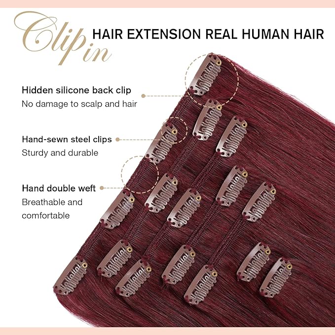 YILITE Clip In Hair Extensions Red Human Hair Extensions Clip Ins 16inch 70g 7pcs/Pack Burgundy Double Weft Silky Straight Remy Human Hair Thick Clip In Real Hair Extensions For Women
