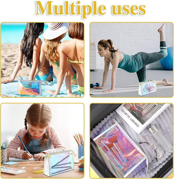 BESARME 10 Pcs Holographic Makeup Bags, Clear PVC Makeup Bag Iridescent Pouch Portable Zippered Toiletry Bag Waterproof Cosmetic Bags Stocking Stuffers for Women Girls Bathroom Vacation