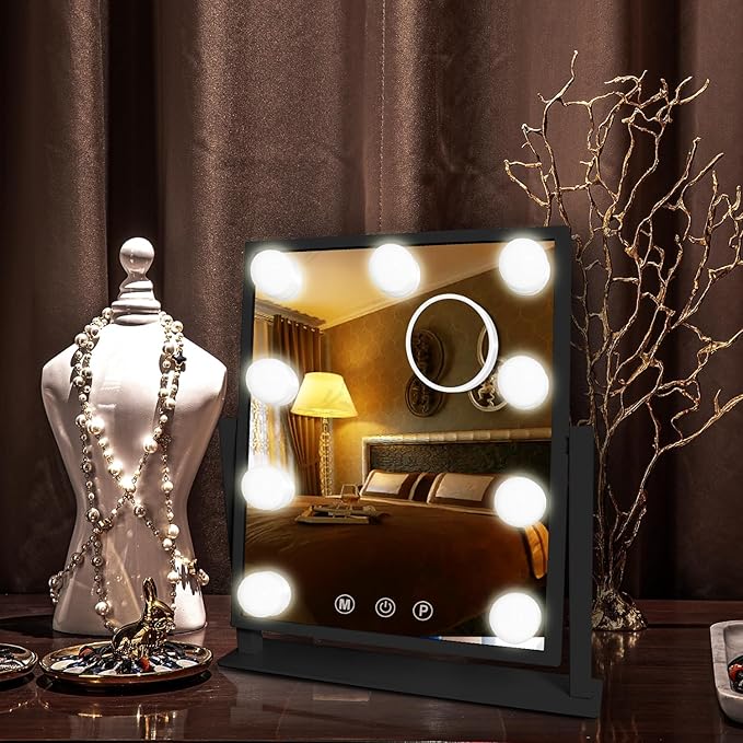 10" x 12" Vanity Mirror with Lights, 360°Rotation Tabletop Makeup Mirror with 9 LED Lights Bulbs, Portable Travel Mirror with 3 Color Lighting Modes, Mirror with Lights for Bedroom, Black