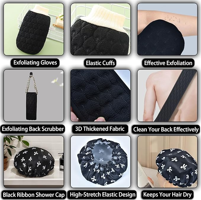 Bathtub Trays and Tub Pillow for Bathtub, Expandable Folding Bath Tray, with Black Soapbox, 2 Bath Towels, Shower Cap, Storage Bag, Bathroom Hooks, Uniform Black Accents for Your Bathtub
