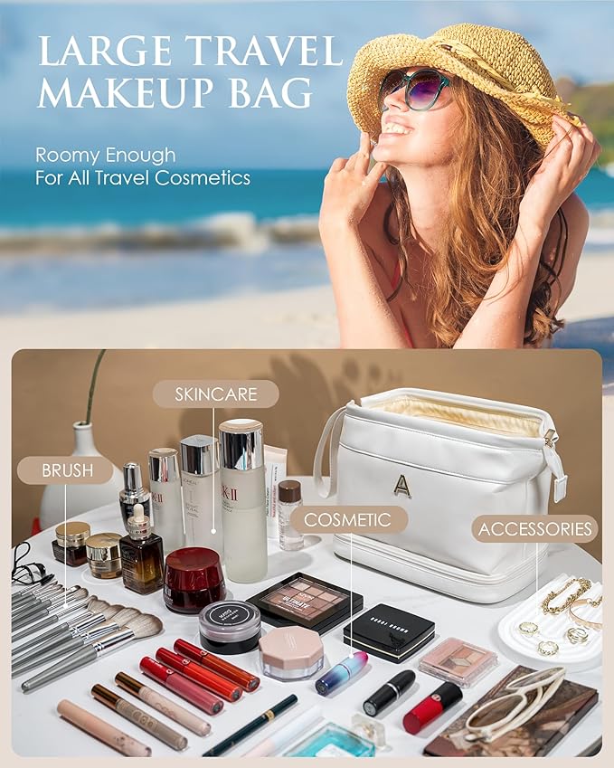 Wedding Gift Initial Makeup Bag, Personalized Double Layer Cosmetic Bag with Makeup Brush Organizer, Waterproof, Large Capacity PU Leather Travel Toiletry Bag Retirement Gifts, Daughter Gifts