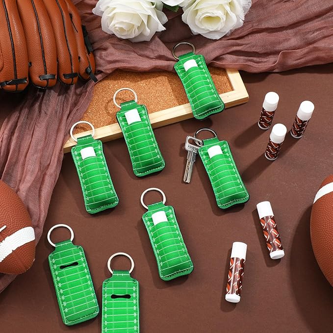18 Sets Party Favors Lip Balm and Lipstick Holder Keychain Bulk Sport Ball Team Gifts Natural Moisturizing Lip Balm Keychains Pouch for Team Gifts Sports Party Supplies(Rugby)