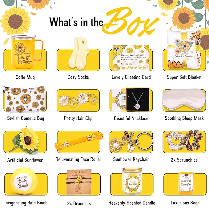 18Pcs Sunflower Gifts for Women - Unique Gift Basket Set - Birthday Gifts for Women, Best Friend, or Sister - Sunshine Box Care Package, Get Well Soon, Thinking of You, Friendship Basket