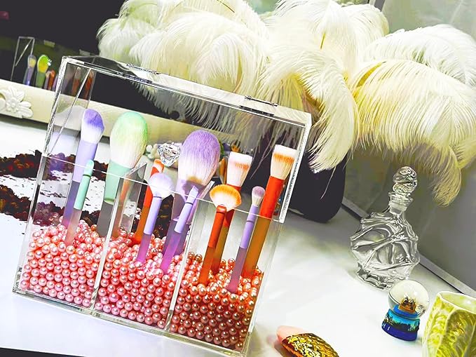 Acrylic Makeup Organizer ,clear Cosmetic brush storage box with 3 Brush Holders ,Makeup brush holderwith dust cover, Largecapacity split design can quickly organize the desktop ( with Free