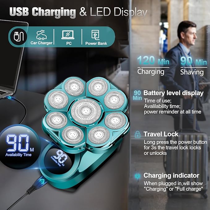 9D Electric Head Shaver for Bald Men, Upgraded 5-in-1 Waterproof Wet/Dry Grooming Kit Electric Shaver for Men, Cordless Rechargeable Bald Head Razor for Home&Travel