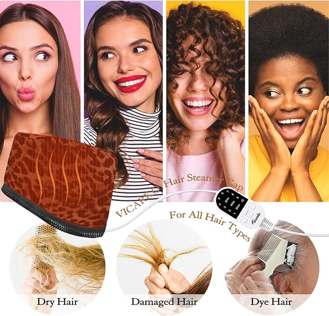 VICARKO Hair Steamer for Deep Conditioning, 10-Level Heats Up Quickly, 118” Power Cord, Heating Cap Hot Oil Treatment Heat, Electric Thermal Heated Steam for Natural Black Hair, Animal Print