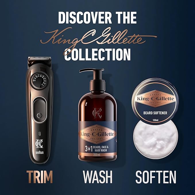 King C. Gillette Cordless Beard Trimmer for Men, Kit includes 1 Trimmer, 3 Interchangeable Combs, 1 Cleaning Brush, 1 Charger, 1 Travel Bag, BLUE