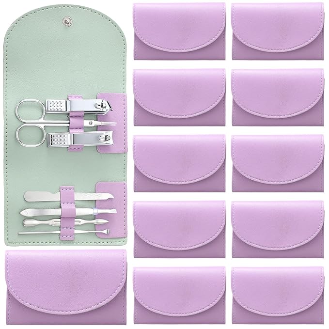 12 Set Manicure Set Bulk Mini Manicure Nail Clipper Kit 7 in 1 Stainless Steel Professional Nail Care Pedicure with Travel Portable Bag Grooming Kits for Women Men Home(Purple)