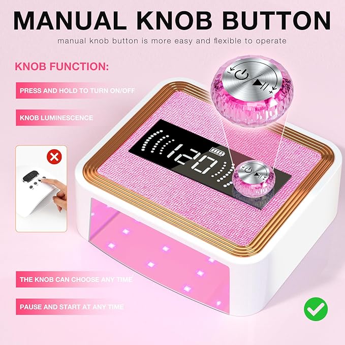 268W Cordless UV Nail Lamp, Rechargeable UV Light for Gel Nails with Unique Knob, New Dual Lamp Beads & Sparkling Rhinestones Diamond, Professional Nail Dryer for Nail Salon & Home (Pink)