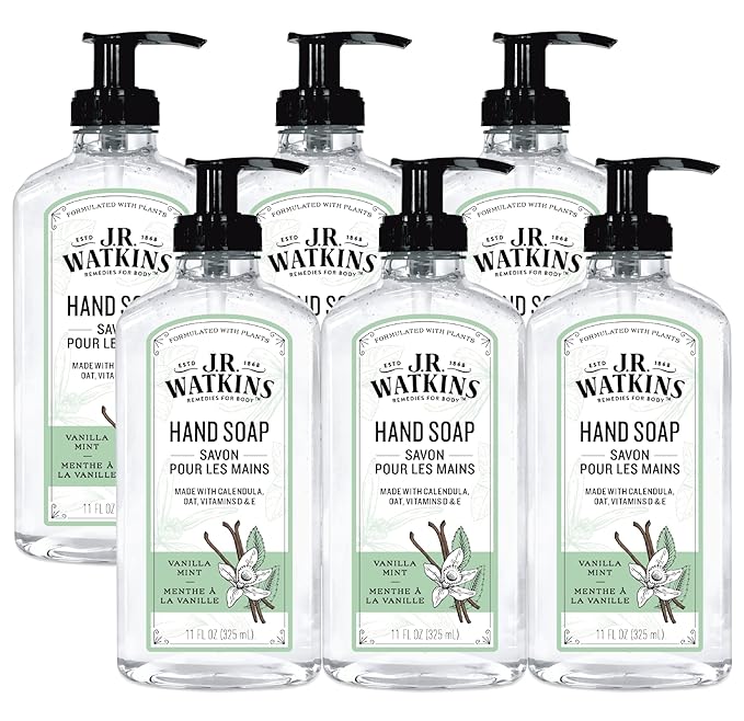 J.R. Watkins Gel Hand Soap, Scented Liquid Hand Wash for Bathroom or Kitchen, USA Made and Cruelty Free, 11 fl oz, Vanilla Mint, 6 Pack