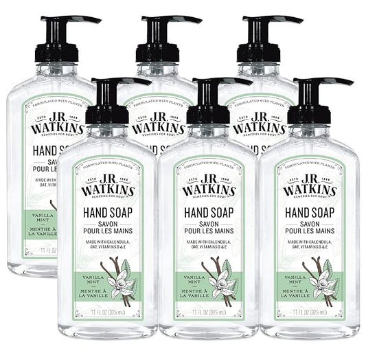 J.R. Watkins Gel Hand Soap, Scented Liquid Hand Wash for Bathroom or Kitchen, USA Made and Cruelty Free, 11 fl oz, Vanilla Mint, 6 Pack