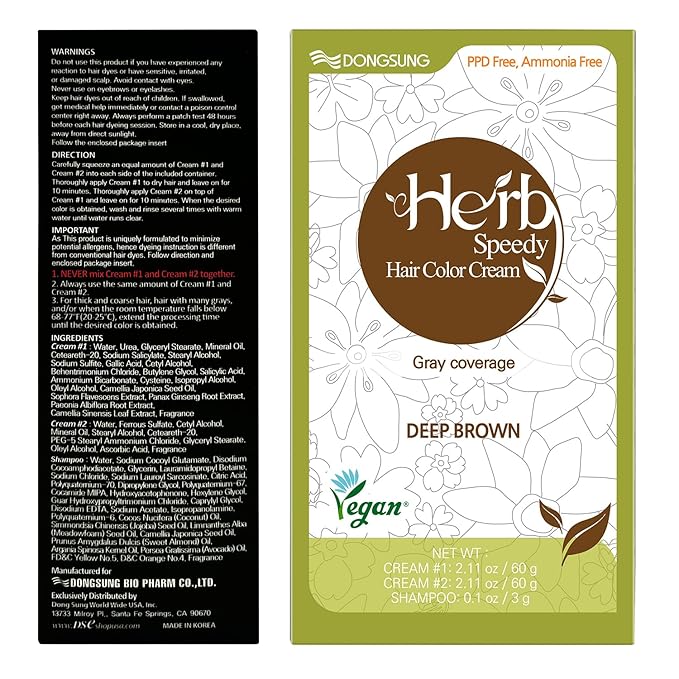 DONGSUNG Herb Speedy Color Cream (Deep Brown, 1 Pack), PPD-Free Ammonia-Free Vegan Hair Dye with Sun Protection, Odorless, Gentle for Sensitive Scalp, No Eye or Scalp Irritation