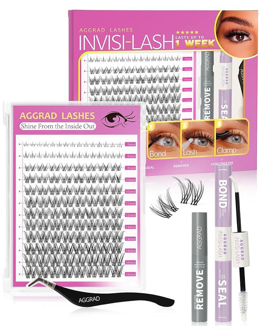 Venus Lash Clusters Kit Wispy 8-16mm with 5-6mm Bottom Lashes Natural Individual False Cluster Eyelash Extension Kit D Curl with Waterproof Bond and Seal & Lash Remover for Fake Lashes Extensions
