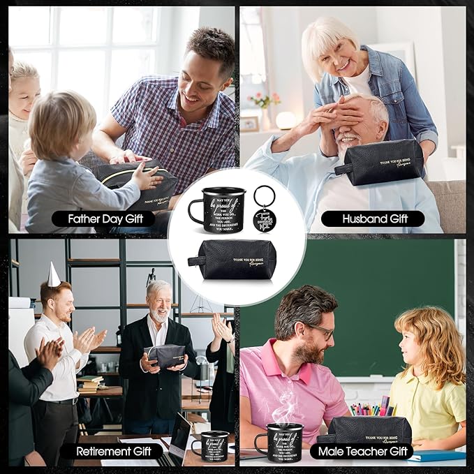 Dandat 3 Pcs Thank You Gift for Men Employee Appreciation Gift Leather Toiletry Bag 12 oz Inspirational Enamel Mug Motivational Keychain May You Be Proud Sign for Coach Men Teacher Male Staff(Black)