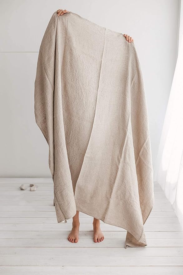 100% Linen Bed Throw Blanket - Extra Large Bath Towel 60x80-inch Natural Waffle Weave Flax Linen Oversized Beach Towel, Lightweight Absorbent Thin Bath Sheets Towels for Adults, Quick-Drying XL