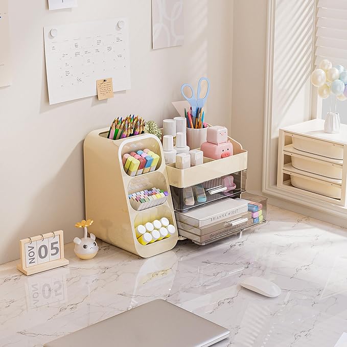 Delamu Makeup Organizer with Drawers for Vanity, Spacious Cosmetic Display Case with Makeup Brush Holder, Perfect Vanity Bathroom Organizer and Storage Solution for Skincare & Beauty Essentials, Beige