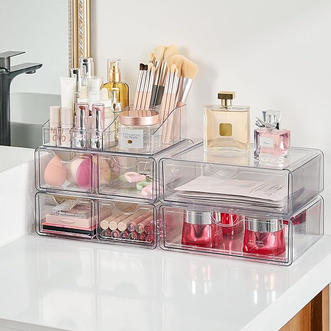 Vtopmart 5 Tier Clear Makeup Organizer with Drawer, Cosmetic Storage for Dresser Countertop and Bathroom Vanity, Beauty Holder for Lipstick Brush Skincare