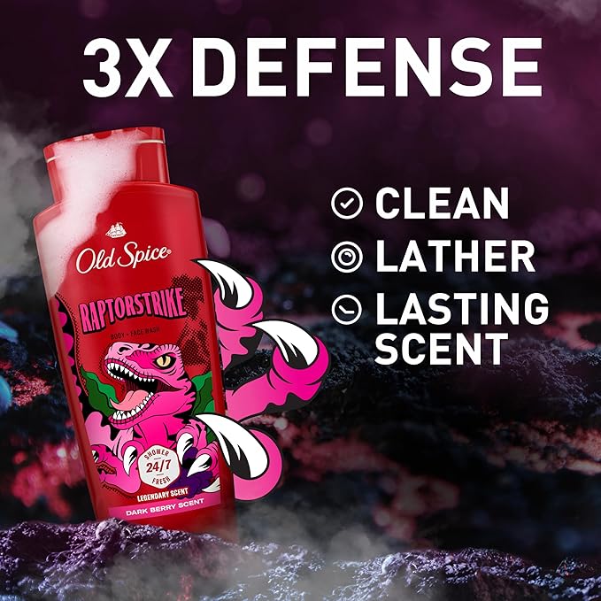 Old Spice Cleansing Body Wash for Men, 3X Defense, 24/7 Shower Fresh with Lasting Scent, 2-in-1 Body & Face Wash, Raptorstrike with Dark Berry Scent, 24 oz (Pack of 4)