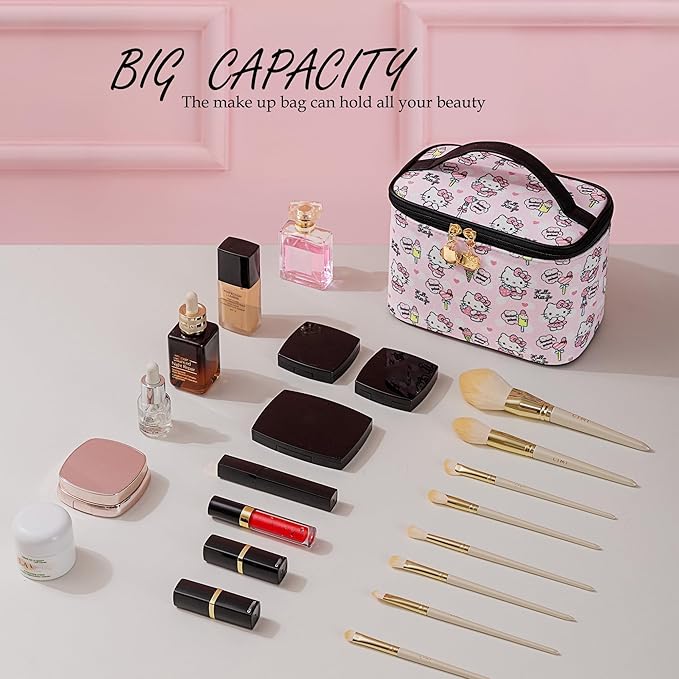 AmBealla Cosmetic Bag Large Makeup Bag Pink Makeup Travel Case with Brush Holder, Canvas Organizer for Women, Toiletry Bag for Skincare & Beauty Tools Sweet Cute for Girls