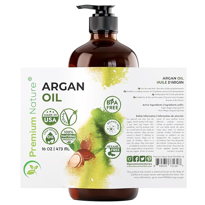Argan Oil for Dry, Damaged, Curly and Frizzy Hair Growth - Organic Hair and Skin Serum from Morocco, 16 oz Pure Cold Pressed