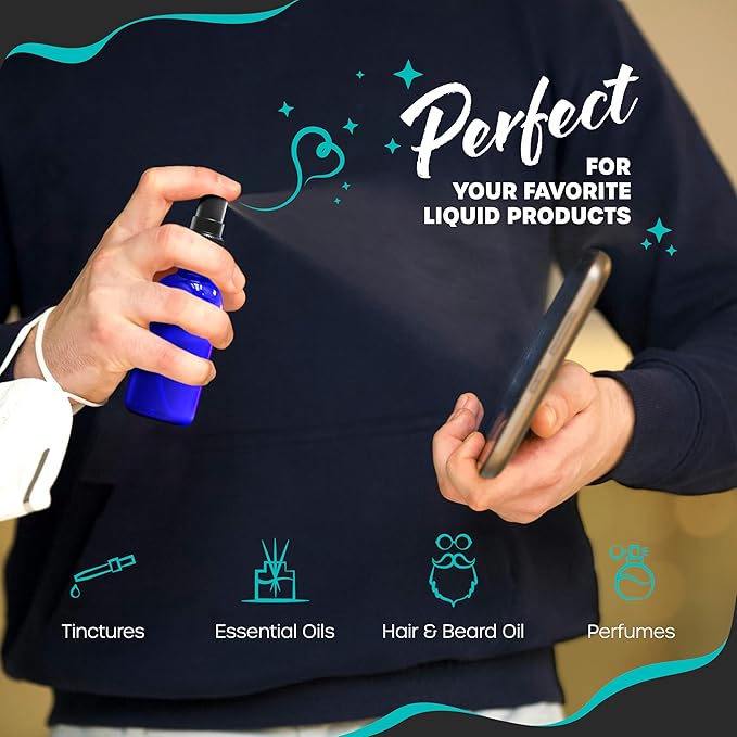 Nevlers Cobalt Blue 2 Oz Glass Spray Bottles 48 Pack | Small Spray Bottle for Hair Set w/Shrink Wrap, Funnel, Brush, Labels & Marker | UV Protected Atomizer Sprayer Glass Travel Containers for Liquids