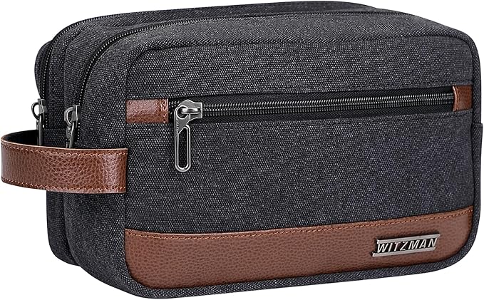 WITZMAN Canvas Toiletry Bag for Men Hanging Dopp Kit Organizer Water-resistant Travel Toiletries bag Men Bathroom Bag with Wet Pocket(A8001 Classics Black)