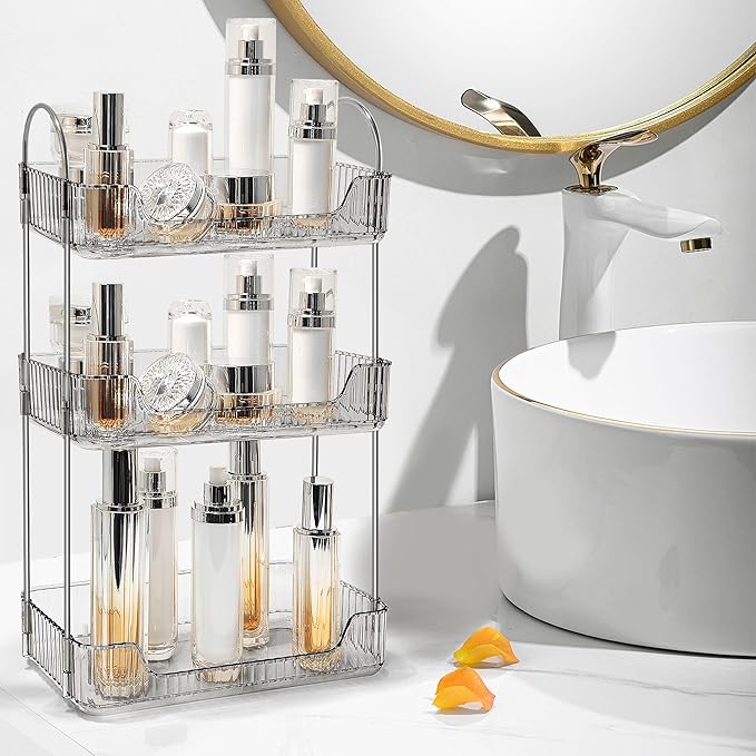Bathroom Counter Organizer Countertop Storage Skincare Countertop Makeup Organizer Cosmetics Skincare Organizers Holder for Perfume-Grey-Silver Pole-3 Tier