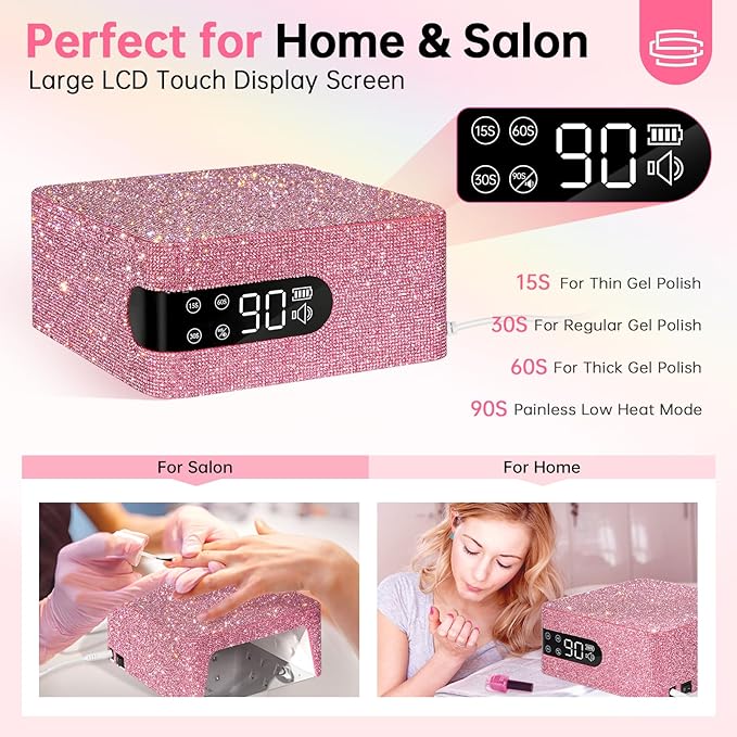 UV LED 96W Nail Lamp Professional Nail Dryer Sparkly Gel Polish Light with 4 Timer Setting Quick Dry Curing Lamp with Display Auto Sensor for Salon & Home Pink Diamond