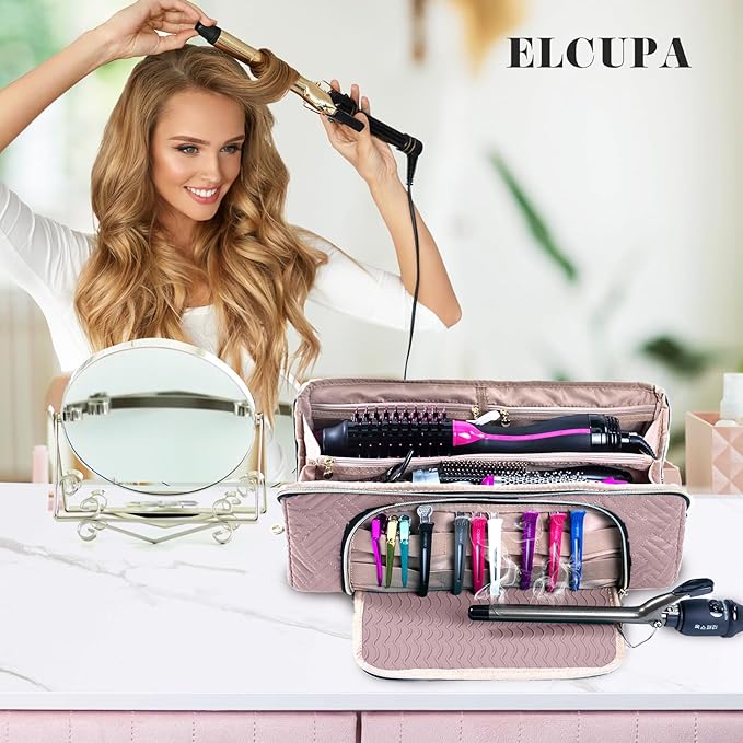 Large Hair Tools Travel Bag with Iron Mat - 2in1 Hair Tools Organizer for Hair Dryer Brush, Flat Irons, Straighteners, Curling Irons, Hair Bag, Makeup Bag, Cosmetic Bag for Travel Essentials