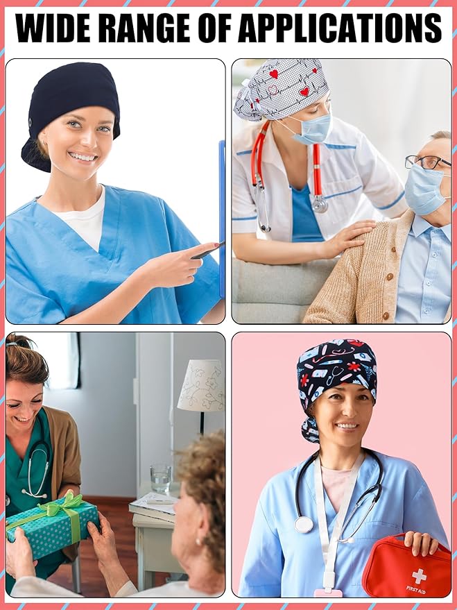 6 Pcs Satin Lined Scrub Caps Women Nurse Surgical Hat with Buttons Ponytail Working Adjustable Pouch Tie Back