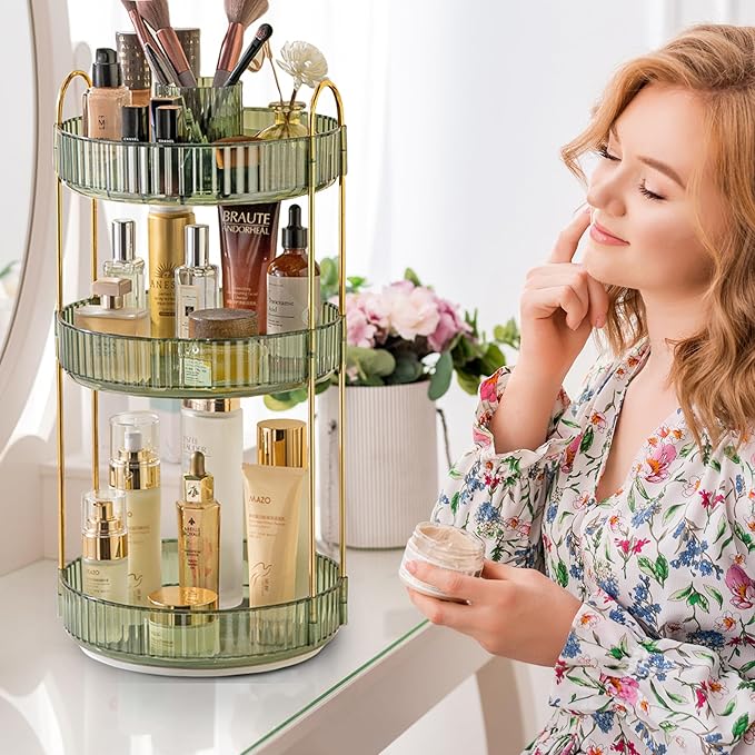 Aveniee 360 Rotating Makeup Organizer for Vanity, Perfume Storage with Brush Holder for Bathroom Countertop, 3 Tier Spinning Skincare Display Case for Lipstick Cosmetic Lotion (Green)