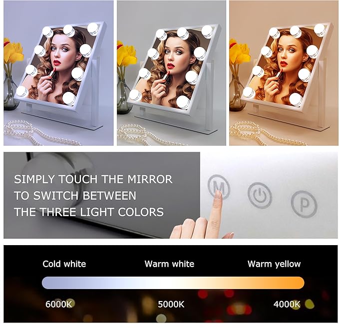 10" x 12" Vanity Mirror with Lights, 360°Rotation Tabletop Makeup Mirror with 9 LED Lights Bulbs, Portable Travel Mirror with 3 Color Lighting Modes, Mirror with Lights for Bedroom, White
