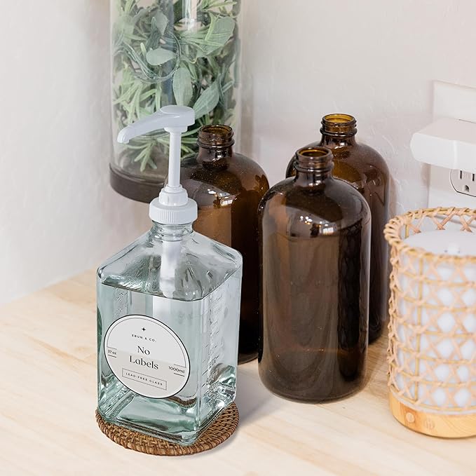 eBun 37oz Glass Mouthwash Dispenser for Bathroom, Countertop Container with Reusable Rinse Cups, Kids Mouthwash Pump, Elegant Mouth Wash Holder, Dish Soap Dispenser Set, Hand Soap Bottle, Decanter