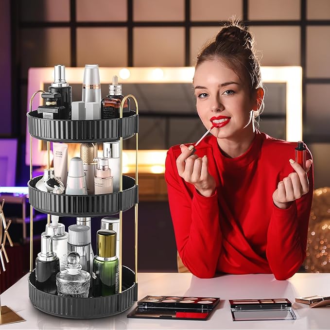 Aveniee 360 Rotating Makeup Organizer for Vanity, Large Spinning Bathroom Counter Organizer Shelf Holder for Cosmetics, Skin Care, Lipsticks (3 Tiers, Black)