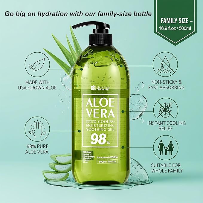 Aloe Vera Gel - for Sunburn Relief - Big 16.9 oz / 500ml - 98% Pure Aloe Vera - For Face, Skin and Hair - After Sun Care lotion - Sun Burn Moisturizer Cream (16.9 Fl oz)