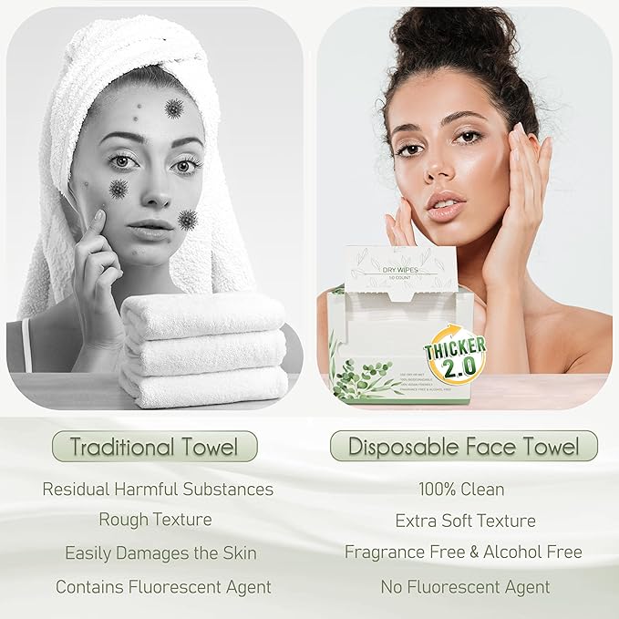 THICKER Dry Wipes 50 Count Disposable Face Towels 10x12" | Ultra Soft for Sensitive Skin & Babies, Travel, Makeup Removal
