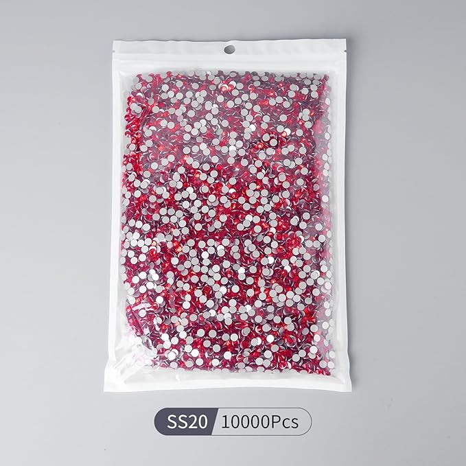 10000PCS Red Rhinestones Bulk, Flat Back Crystal Glass Stone Round Gems,SS20, 4.6-4.8mm