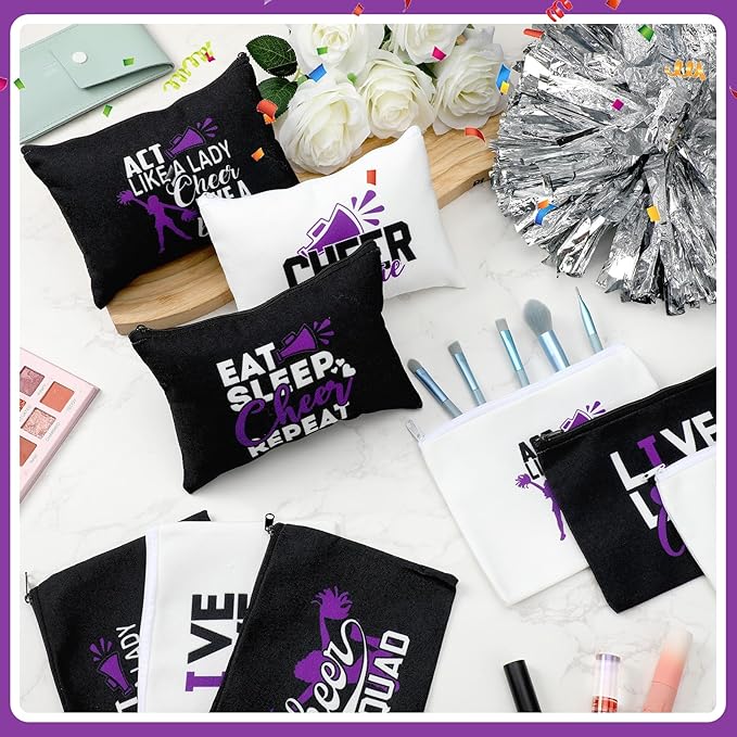 Pinkunn 20 Pcs Cheer Makeup Bags Bulk Cheerleader Gifts for Women Canvas Cheer Cosmetic Pouch Toiletry Zipper Makeup Case Cheerleading Portable Travel Pouch Team Accessories(Purple)