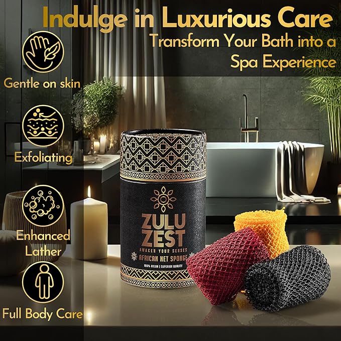 African Net Sponge – Exfoliating Long Nylon Bath Cloth, 3 Pack, Durable Body and Back Scrubber, Dead Skin Remover for Women and Men, Quick Dry, Luxury Skin Care (Black, Yellow, Burgundy)