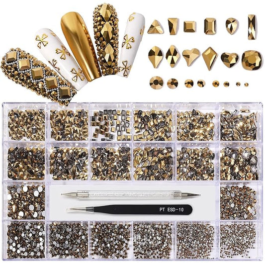 12 Types of Mine Gold 600 Diamonds + 2500 Flat Rhinestones Mix 20 Styles Flatback DIY Crafts Rhinestone Crystals 3D Decorations Flat Back Stones Set +Tweezers + Drill Pen