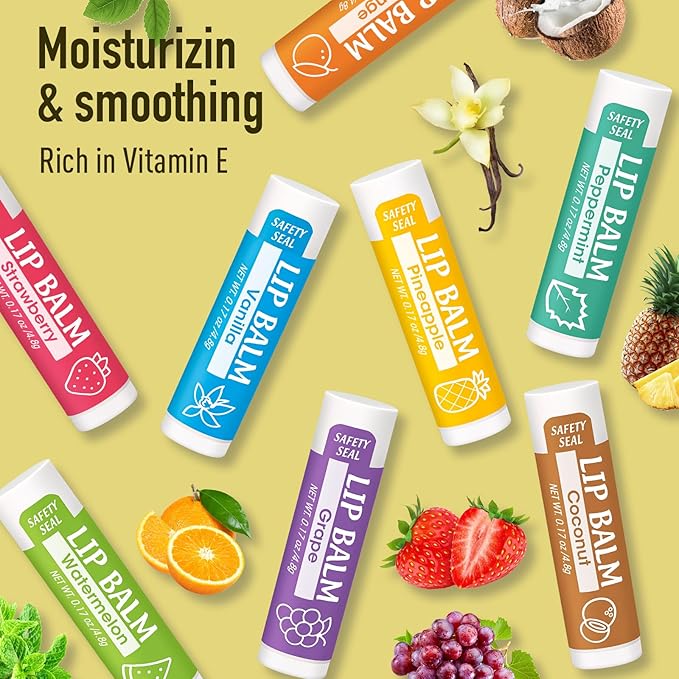 64 Pack Lip Balm, Natural Lip Balm Bulk with Vitamin E and Coconut Oil, Moisturizing Lip Balms for Dry Cracked Lips, Lip Balms for Stocking Stuffers - 8 Flavors