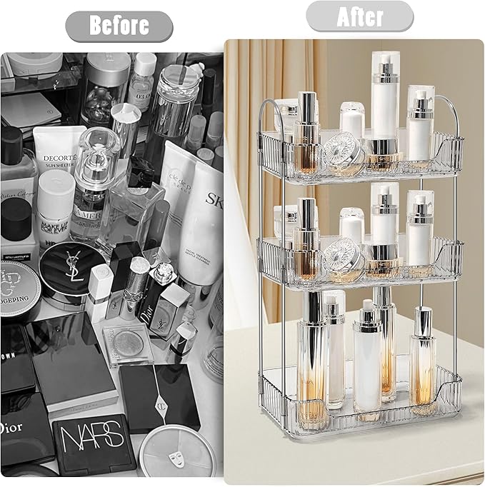 Bathroom Counter Organizer Countertop Storage Skincare Countertop Makeup Organizer Cosmetics Skincare Organizers Holder for Perfume-Grey-Silver Pole-3 Tier