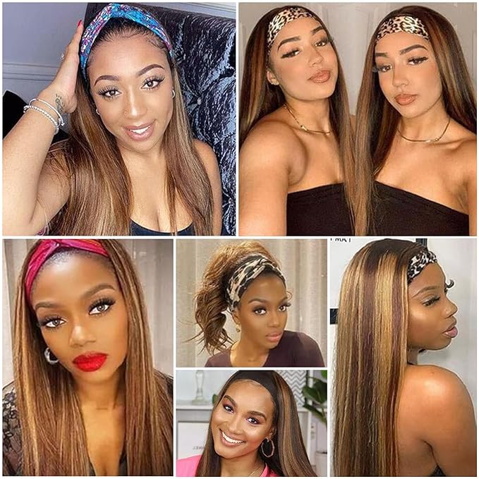 Aiterina Ombre Headband Wig Human Hair Straight 4/27 Highlight None Lace Front Wigs Glueless Human Hair Wigs Virgin Brazilian Machine Made Wigs for Black Women 26 Inch
